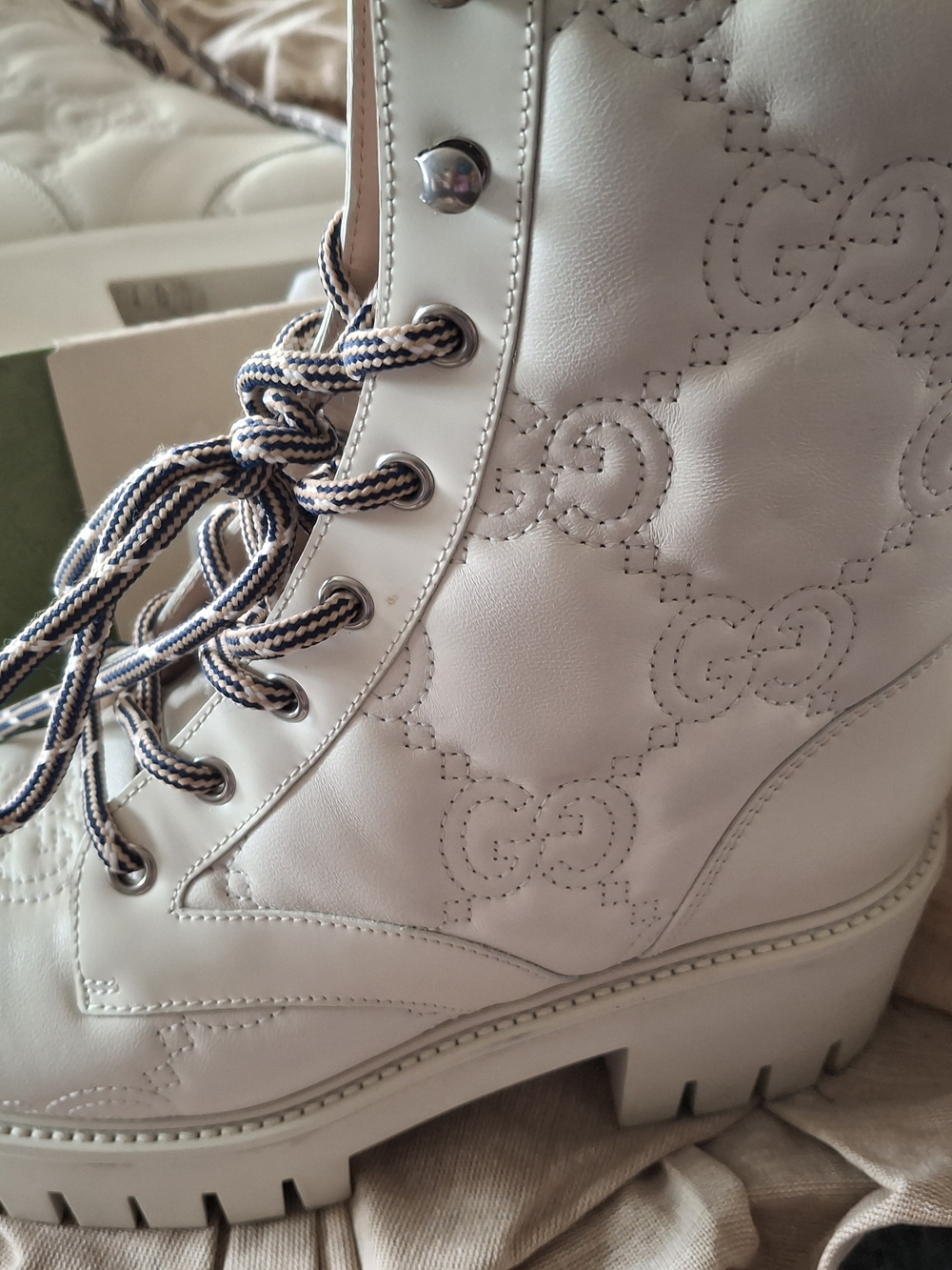 Gucci White Quilted Leather Combat Boots